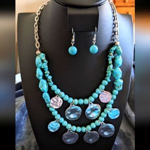 Turquoise Double Strand Beads Silver Accents Necklace and Earrings